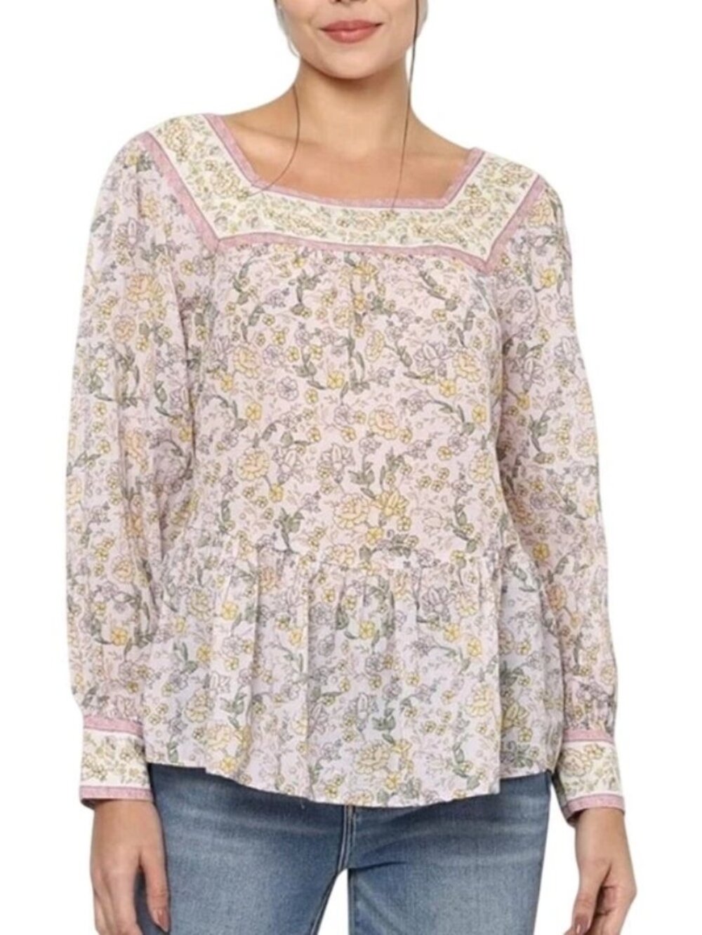 American Eagle Blouse Women Medium Pink Cotton Floral Square Neck Peplum P4045